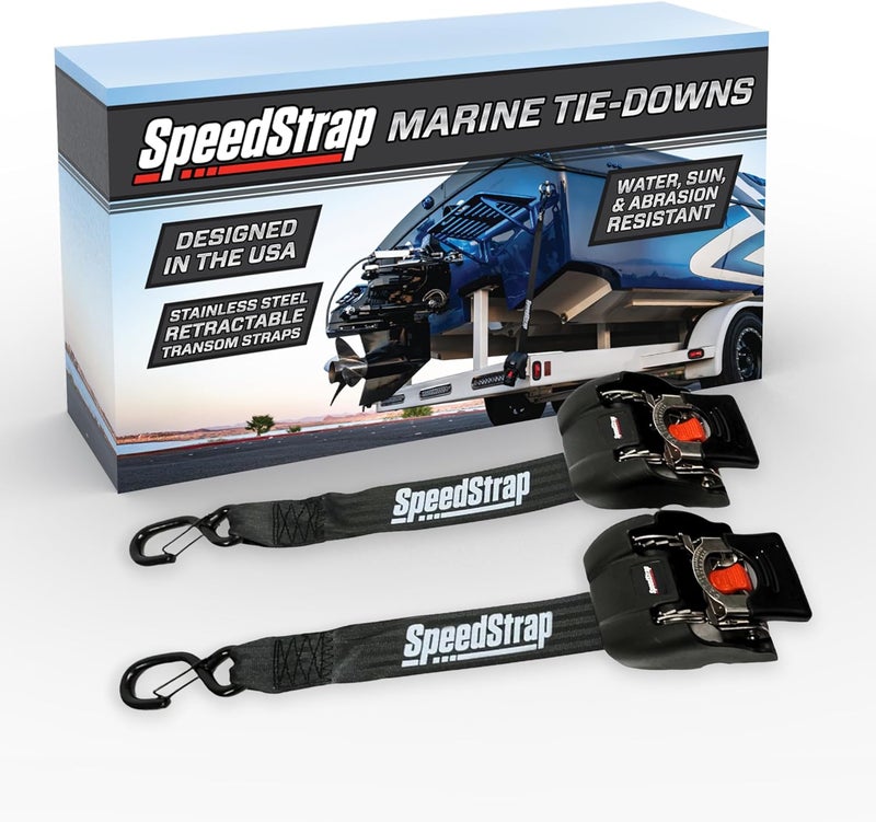 SpeedStrap 2" x 43" Retractable Marine Transom Tie-Down Straps with Snap S-Hooks - Heavy Duty Tie-Downs for Secure Transport - Universal Fit for Marine Vessels (2 Pack) (Stainless Steel - 1,800 lbs) - Image 1